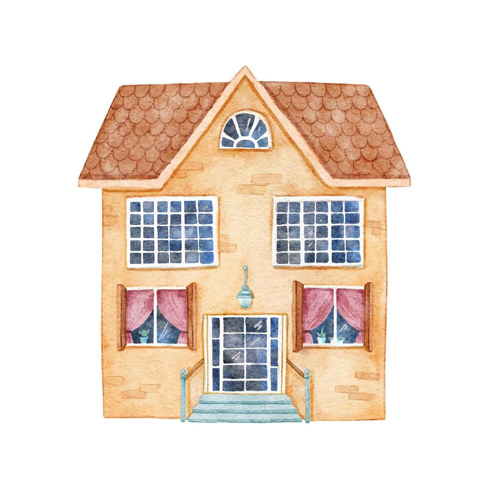 Hand drawn watercolor old and cozy house. Cute cottage isolated on white background vector
