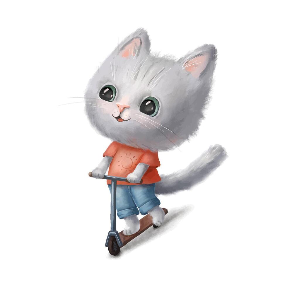 Cute kitty Character Riding Scooter. Hand drawn Illustration isolated on white. Lovely smiling little kid cat vector