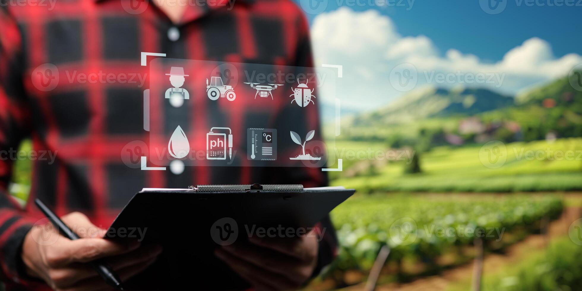 UI hologram agriculture and modern technology Farmer using smart farming technologies using AI photo