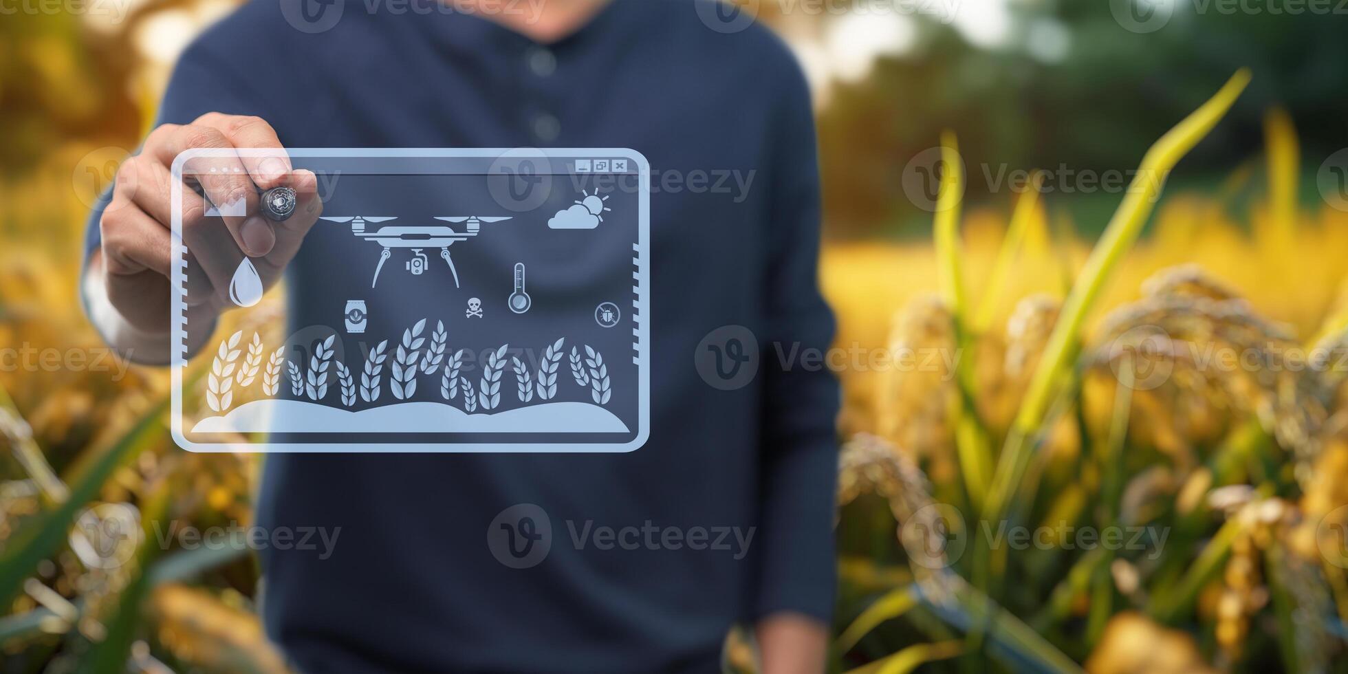 UI hologram agriculture and modern technology Farmer using smart farming technologies using AI photo
