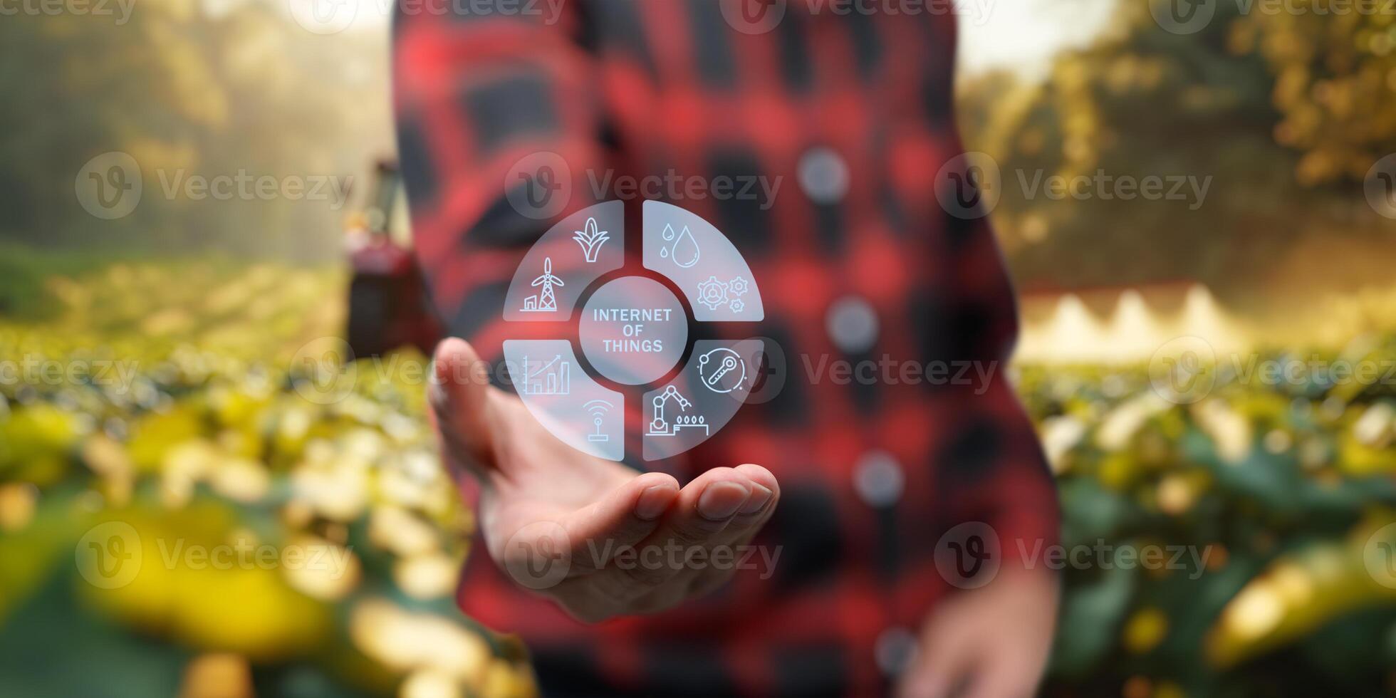 Smart Farm UI hologram system control, maintenance, displaying growth information Nutrients, fertilizers, water, insect pests of trees, plants, and vegetables, use technology in agriculture. photo