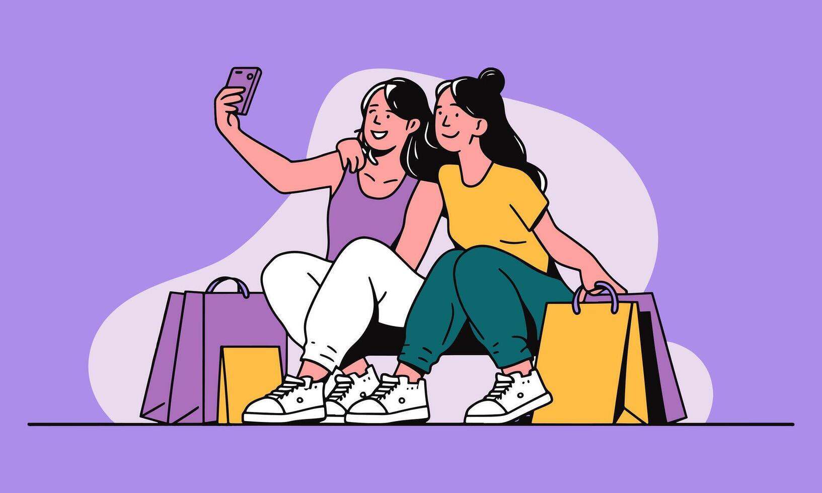 A clean and modern flat design illustration of two girls sitting with some shopping bags and taking selfie. vector