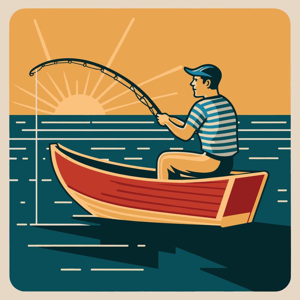 A fisherman is fishing in a boat with the sun shining on the water retro style vector