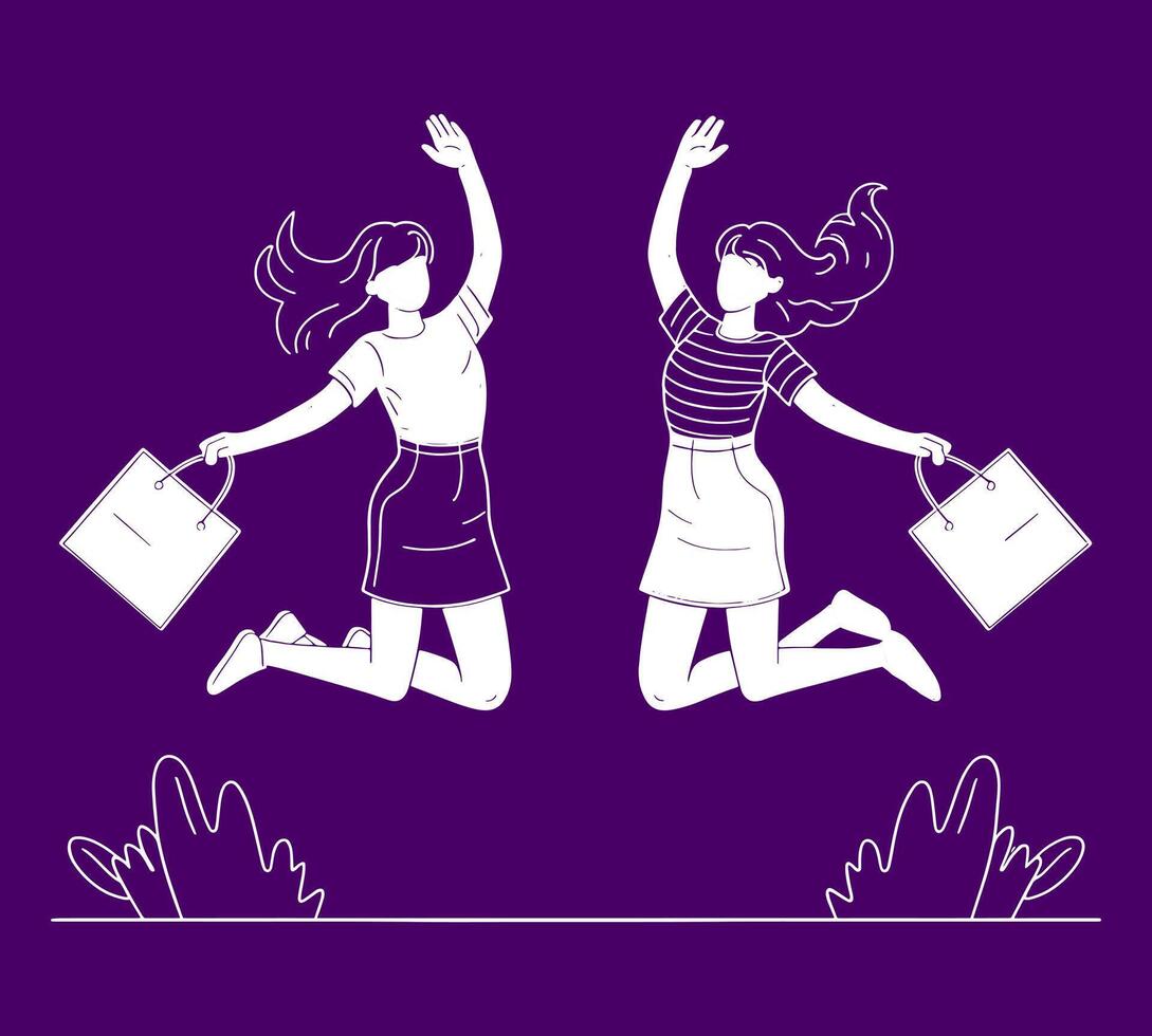 Two girls jumping with shopping bags and giving high five. A clean and modern flat design illustration. vector