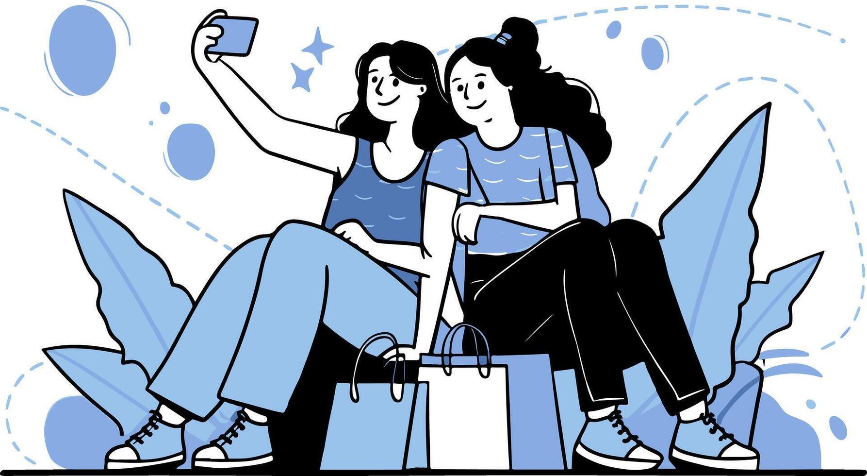 A clean and modern flat design illustration of two girls sitting with some shopping bags and taking selfie. vector