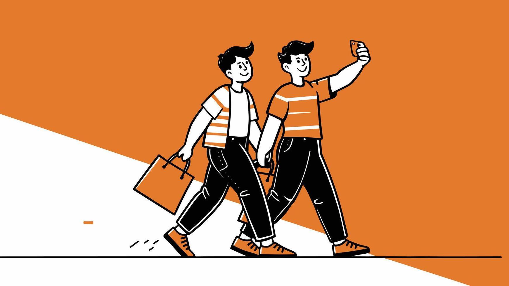 Two boys walking with shopping bags and taking selfie. A clean and modern flat design illustration. vector