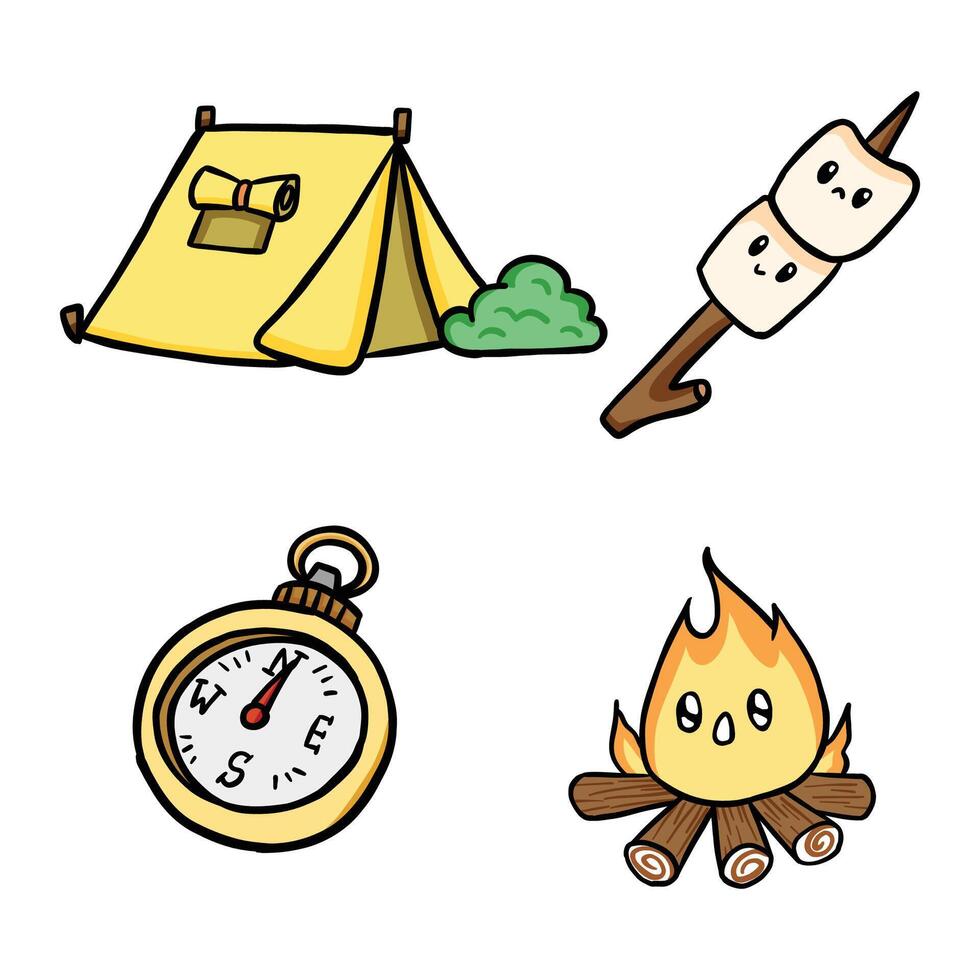 set of cute kawaii camping illustrations vector