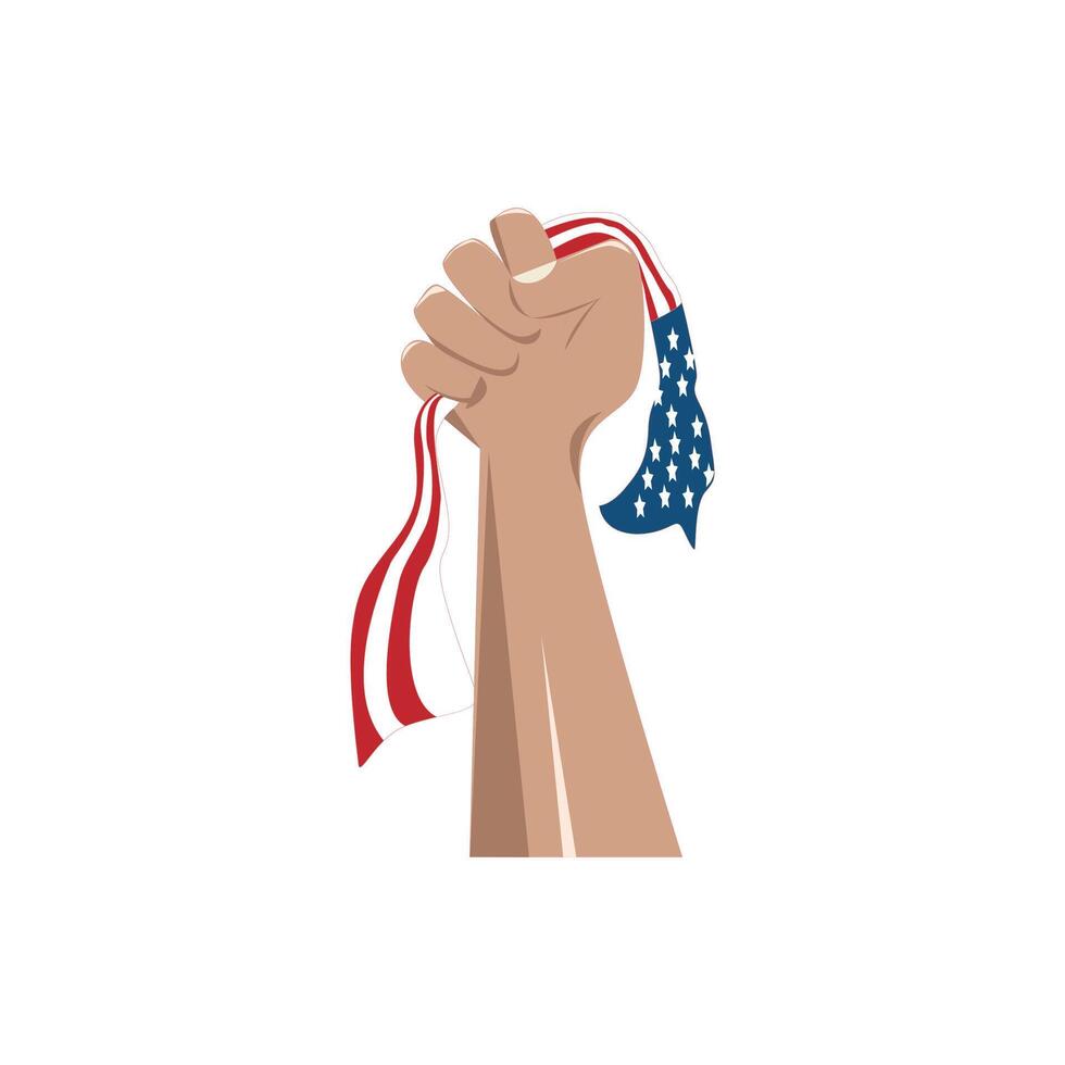 This vibrant illustration captures the essence of patriotism and pride, featuring a detailed hand firmly gripping the American flag. The dynamic design showcases the iconic stars and stripes. vector