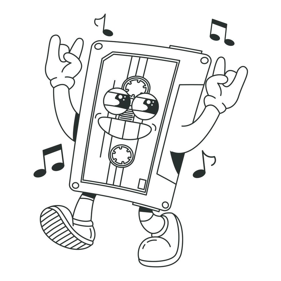 Retro cassette tape character. Black and white illustration for coloring book vector