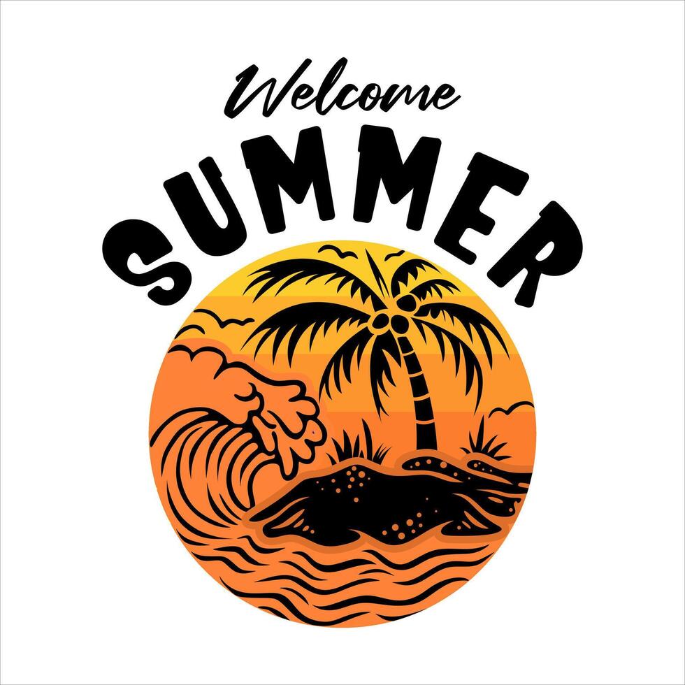 summer welcome logo with beach silhouette vector