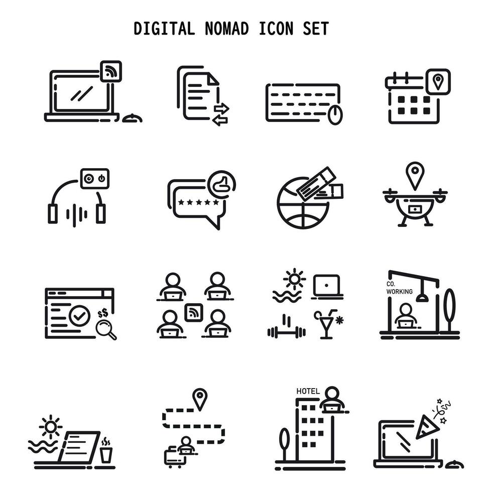 Remote work, digital nomad, work from Home lifestyle outline collection icon set. vector