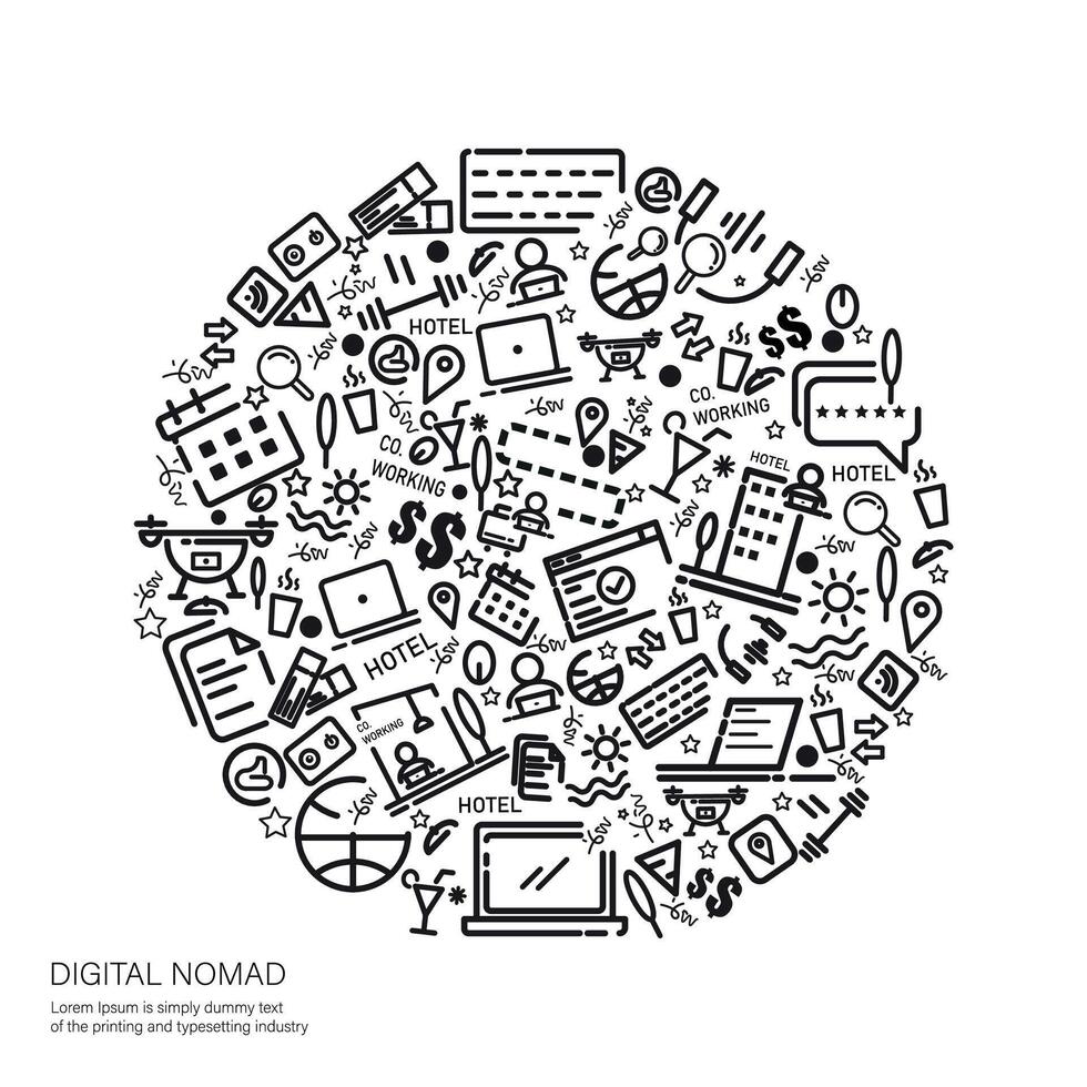 Remote worker, digital nomad, work from home line seamless pattern vector