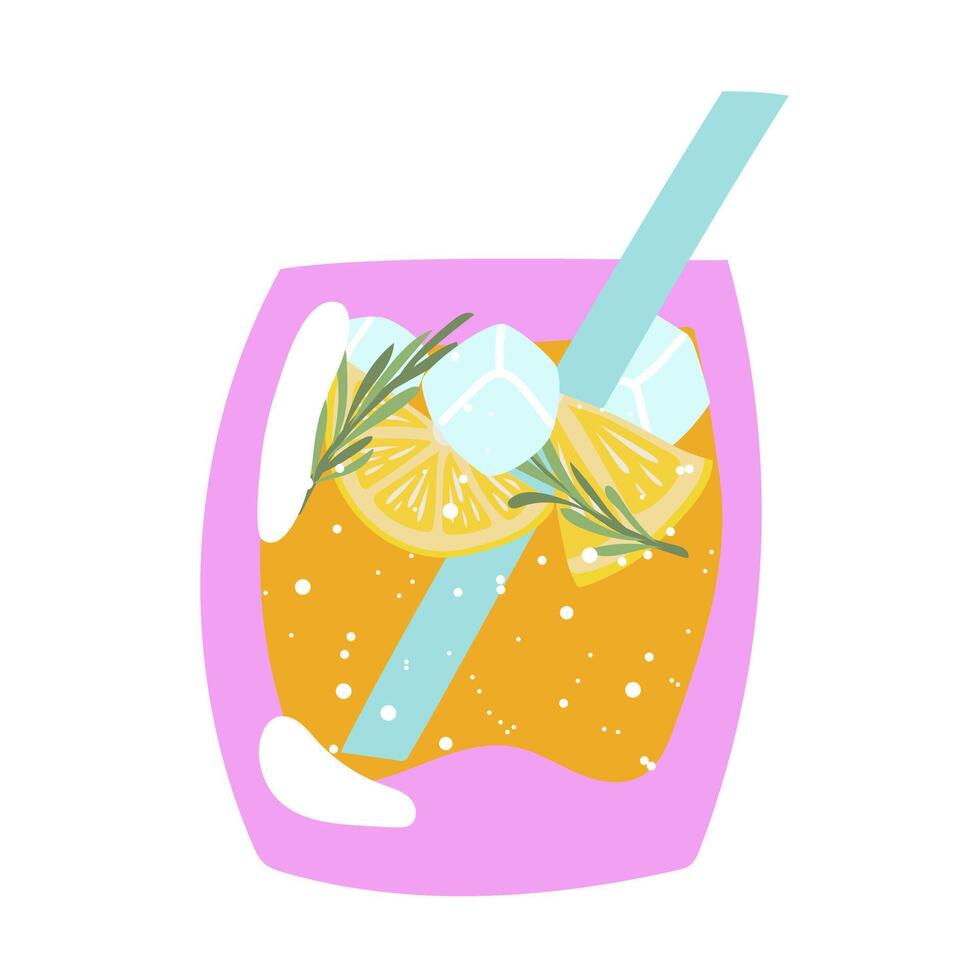 Hand drawn summer glass lemonade with lemon slice, rosemary and ice. vector