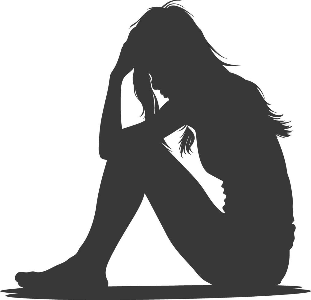 Silhouette sad woman sitting alone depressed sitting black color only vector