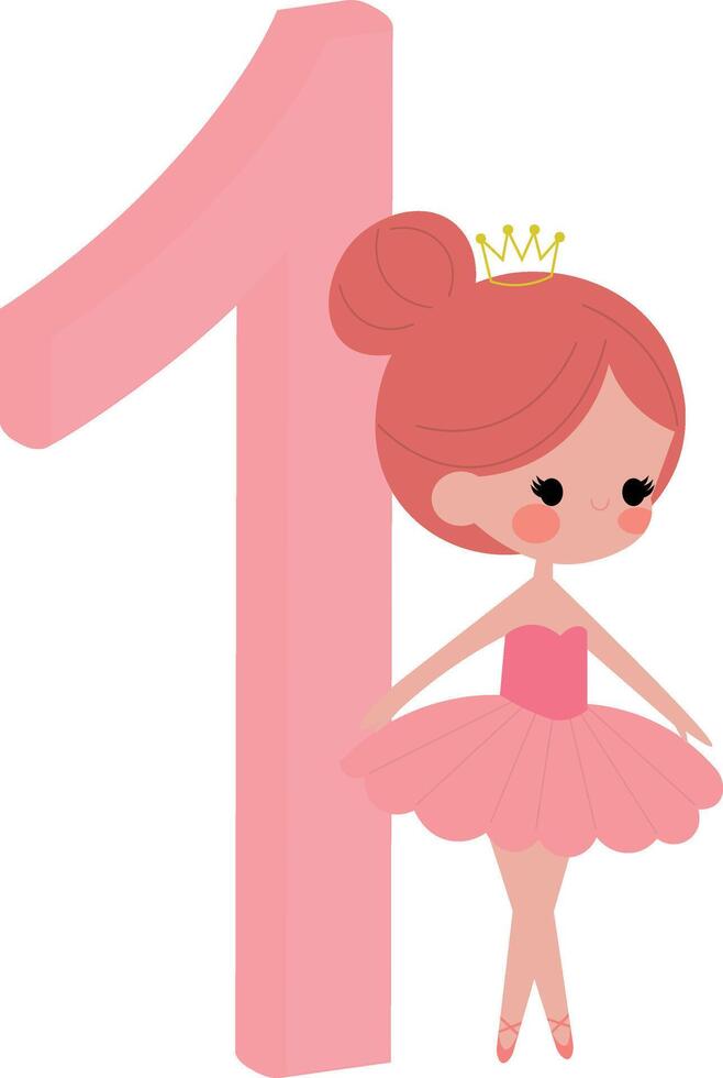 birthday number illustration for girls, with ballerina theme, number 1 vector