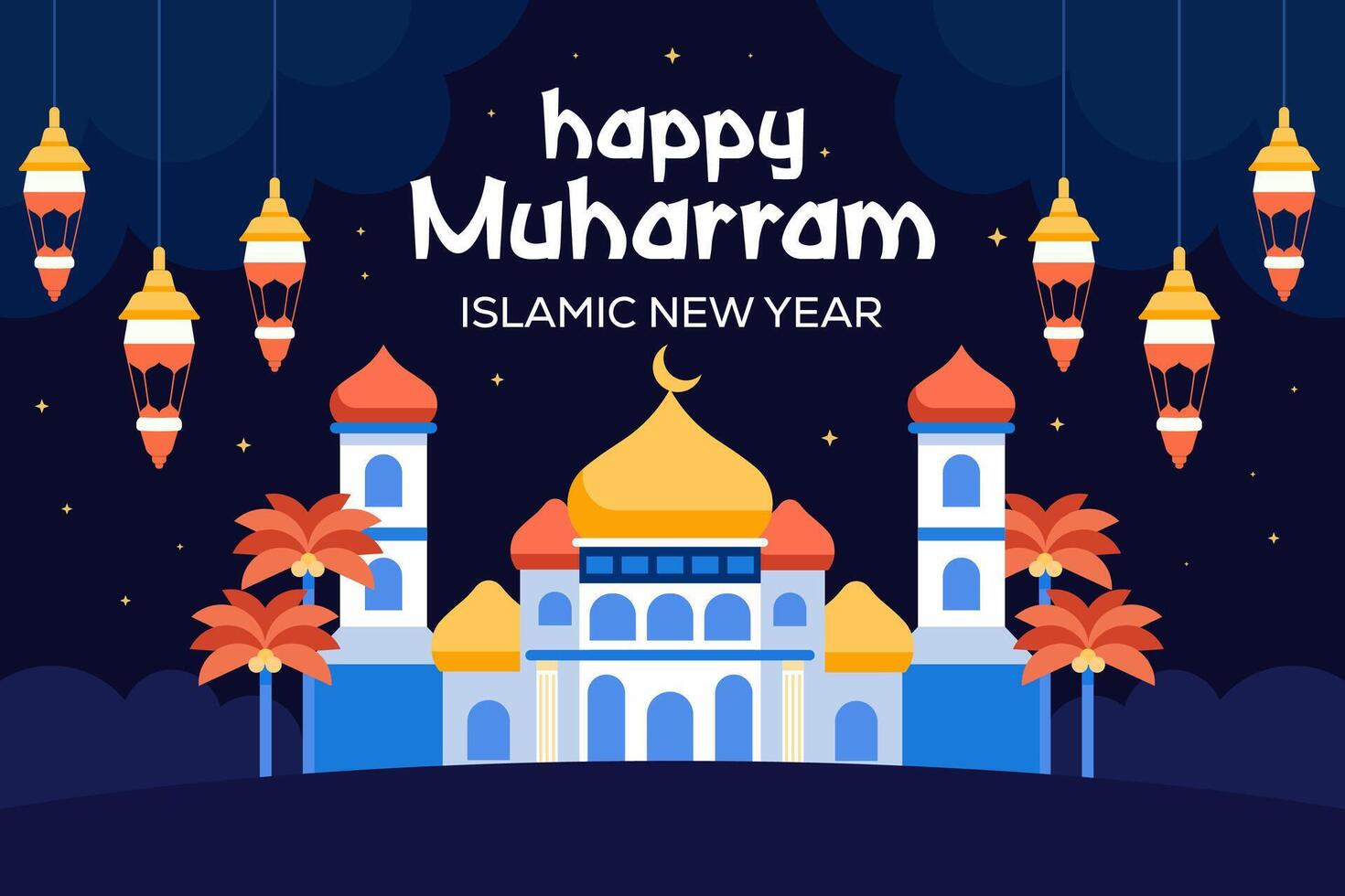flat design happy muharram islamic new year background illustration vector