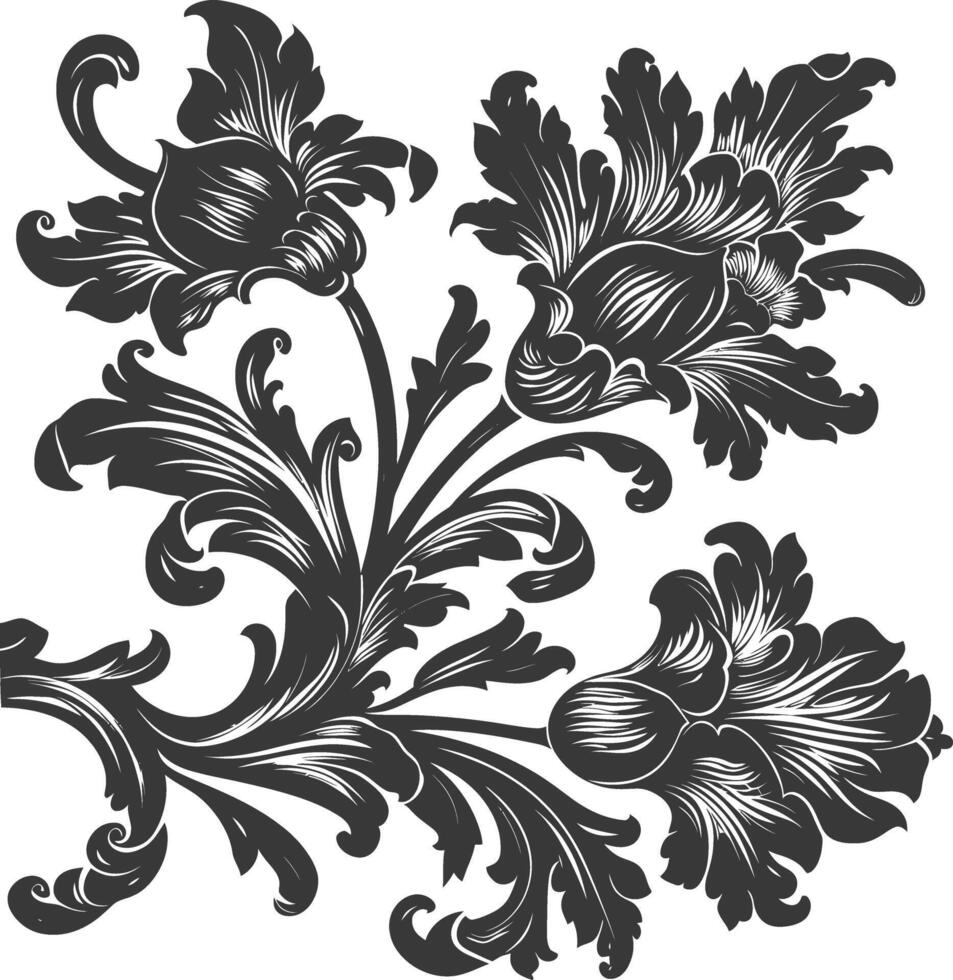 Silhouette Baroque ornament with filigree floral element black color only vector