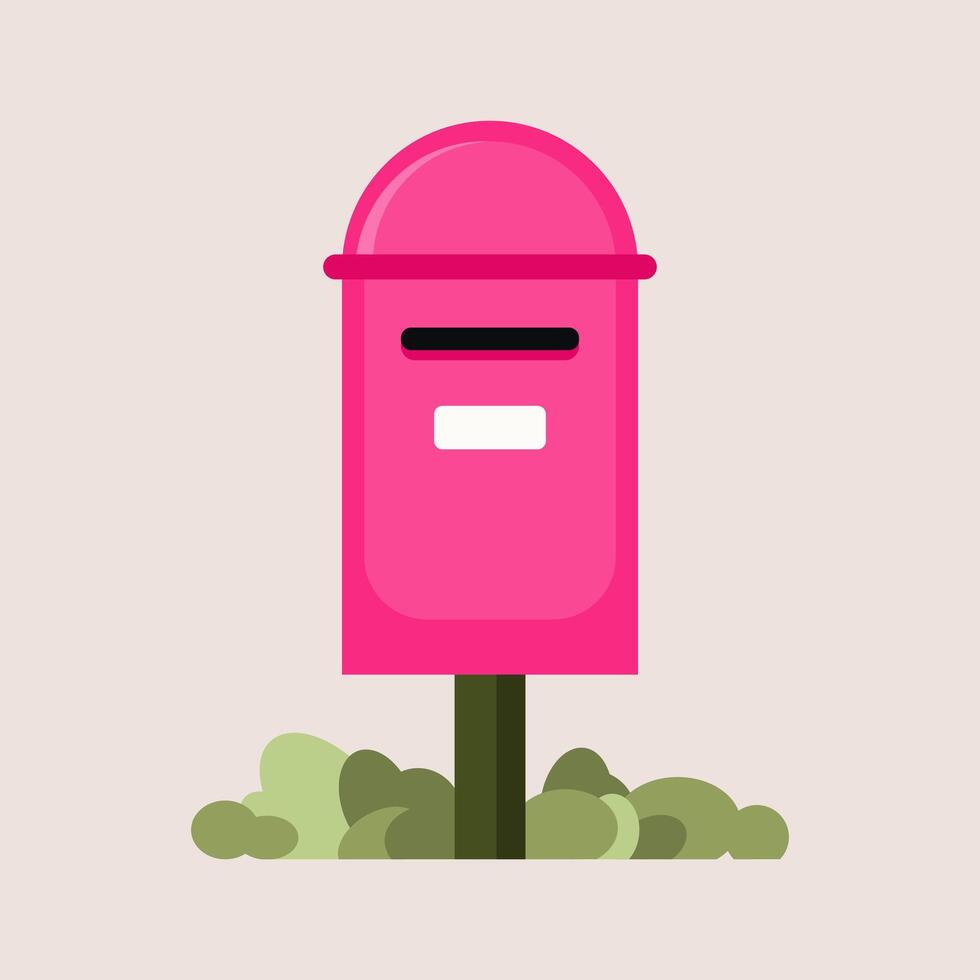 Illustration of a bright pink mailbox standing on a piece of green grass. Front view. A hole for letters. vector
