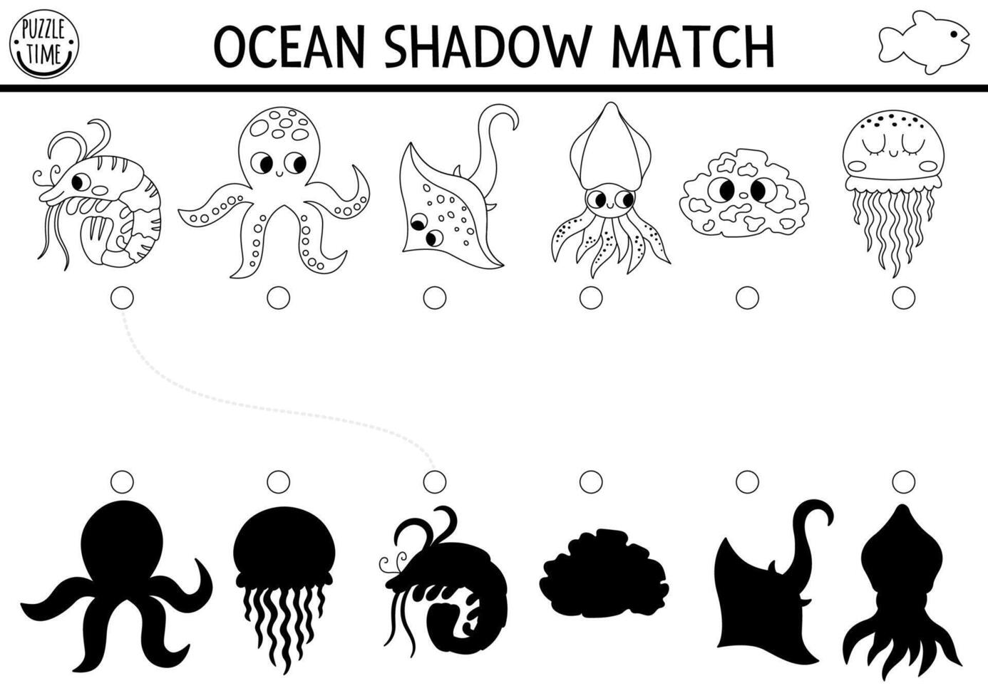 Under the sea black and white shadow matching activity. Ocean line puzzle with cute octopus, squid, jellyfish, sponge. Find correct silhouette printable worksheet. Water animals coloring page vector