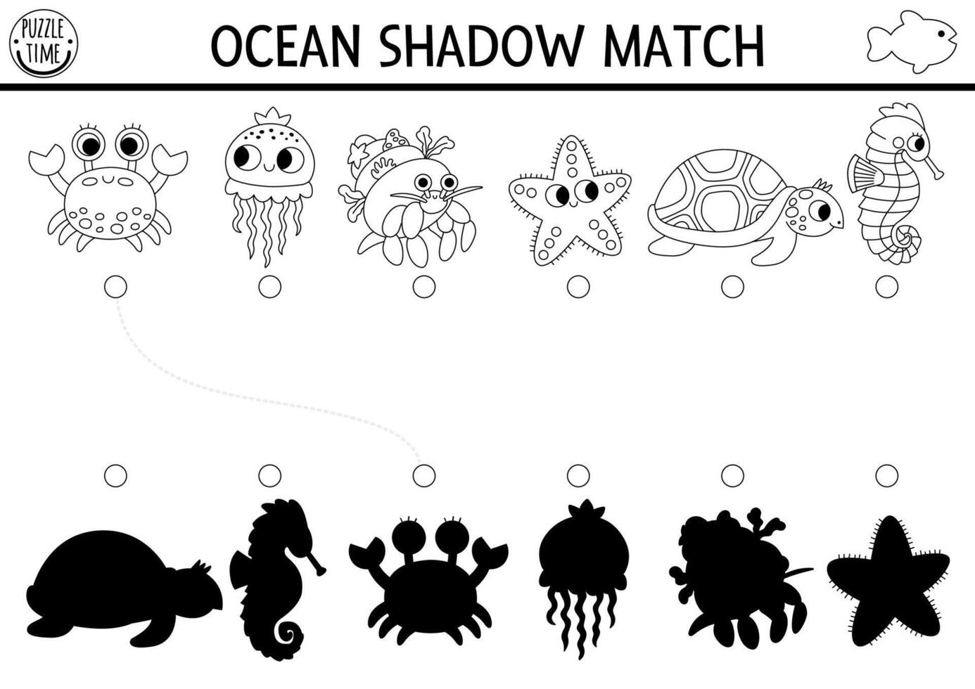 Under the sea black and white shadow matching activity. Ocean line puzzle with cute crab, jellyfish, starfish, seahorse. Find correct silhouette printable worksheet. Water animals coloring page vector