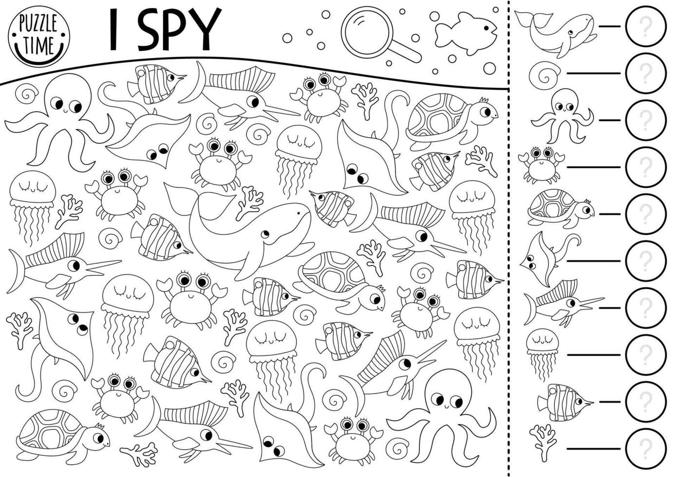 Under the sea black and white I spy game for kids. Searching and counting line activity with fish, whale, octopus, crab, turtle, jellyfish. Ocean life printable worksheet. Simple water coloring page vector