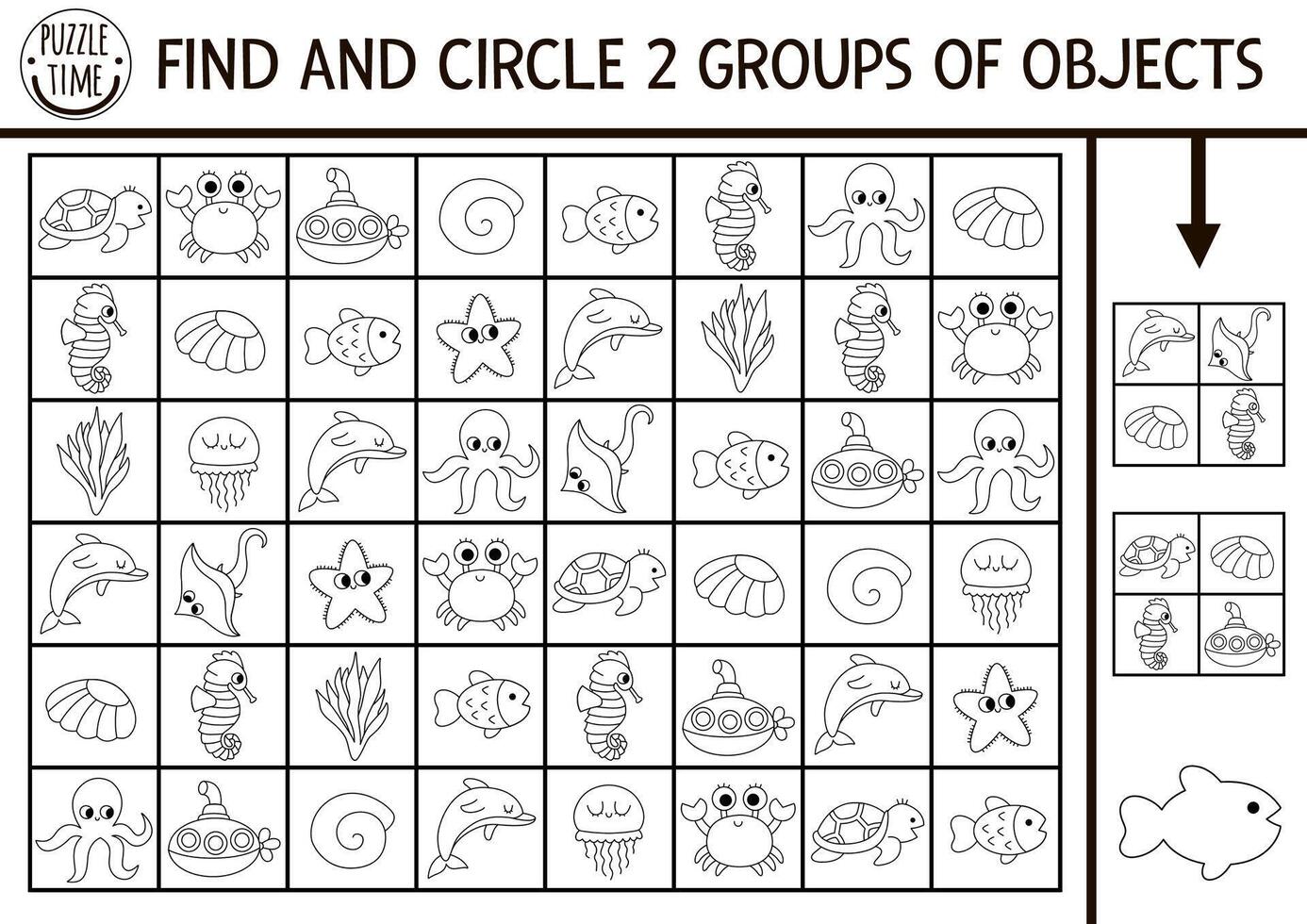 Under the sea black and white seek and find game with traditional symbols. Attention skills training puzzle. Ocean printable line activity for kids. Water animals and fish searching coloring page vector