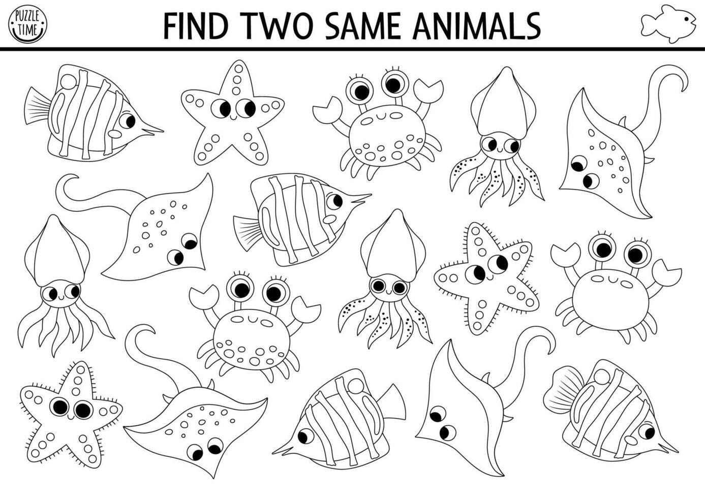 Find two same water animals. Under the sea black and white matching activity. Ocean life line educational quiz worksheet for kids. Simple printable coloring page with cute fish, crab, starfish vector