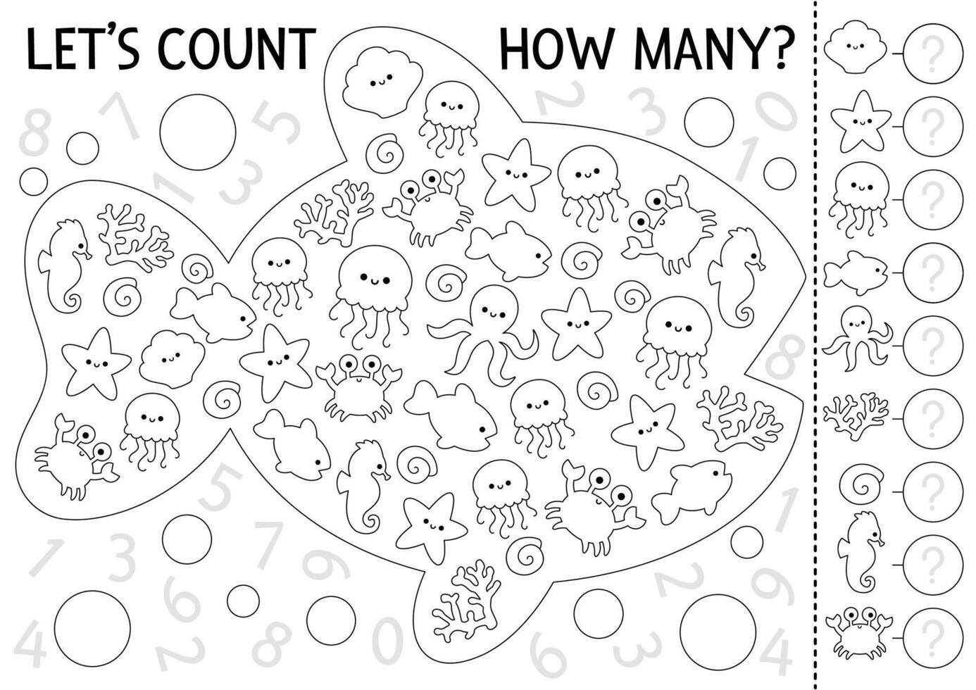 Under the sea black and white I spy game for kids in fish shape. Searching and counting line activity with fish, starfish, jellyfish. Ocean life printable worksheet. Simple water coloring page vector