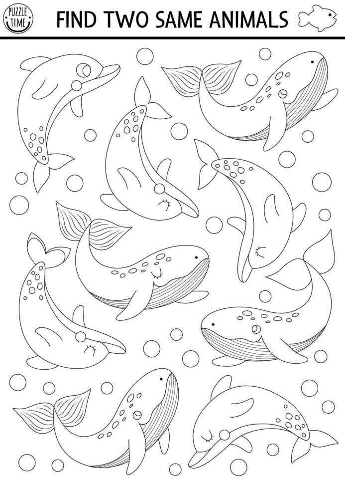 Find two same water animals. Under the sea black and white matching activity. Ocean life line educational worksheet for kids. Simple printable game, coloring page with whales and dolphins vector