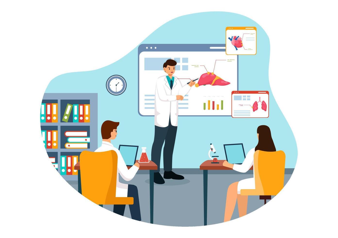 Medical School Illustration with Students Listening to a Lecture and Learning Science in a Classroom in a Flat Cartoon Style Background vector