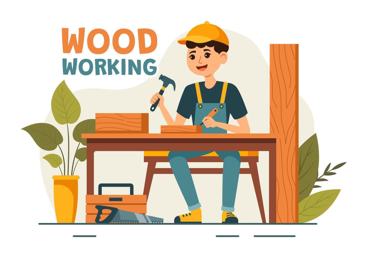 Woodworking Illustration featuring Modern Craftsmen and Workers Producing Furniture Using Tools, Presented in a Flat Cartoon Style Background vector