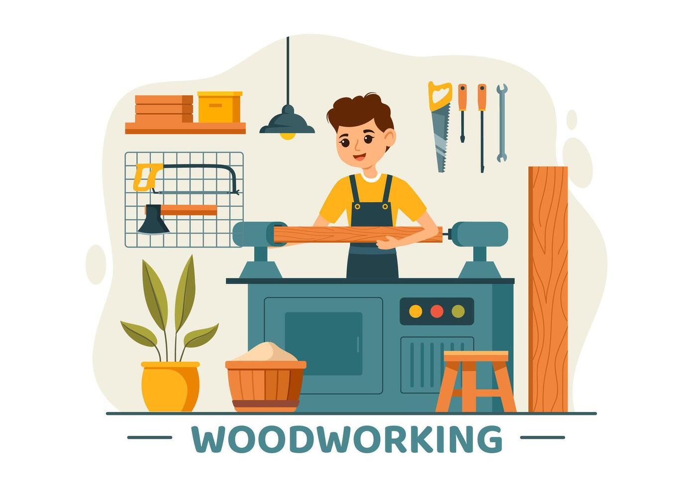 Woodworking Illustration featuring Modern Craftsmen and Workers Producing Furniture Using Tools, Presented in a Flat Cartoon Style Background vector