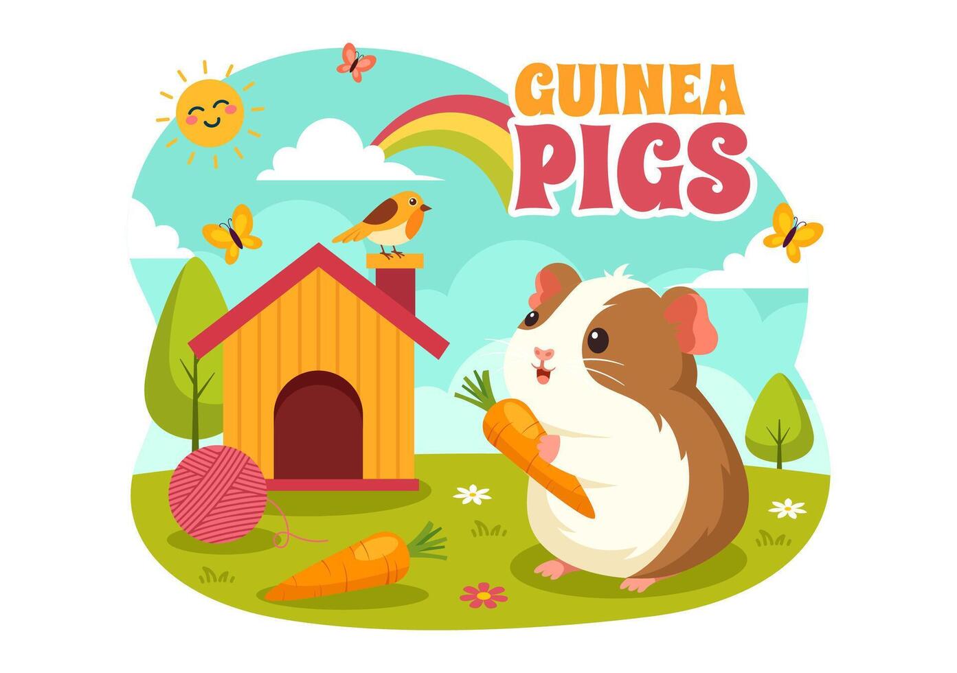 Guinea Pig Illustration Featuring Various Hamster Breeds in Green Fields in a Flat Cute kids Cartoon Style Background Design vector