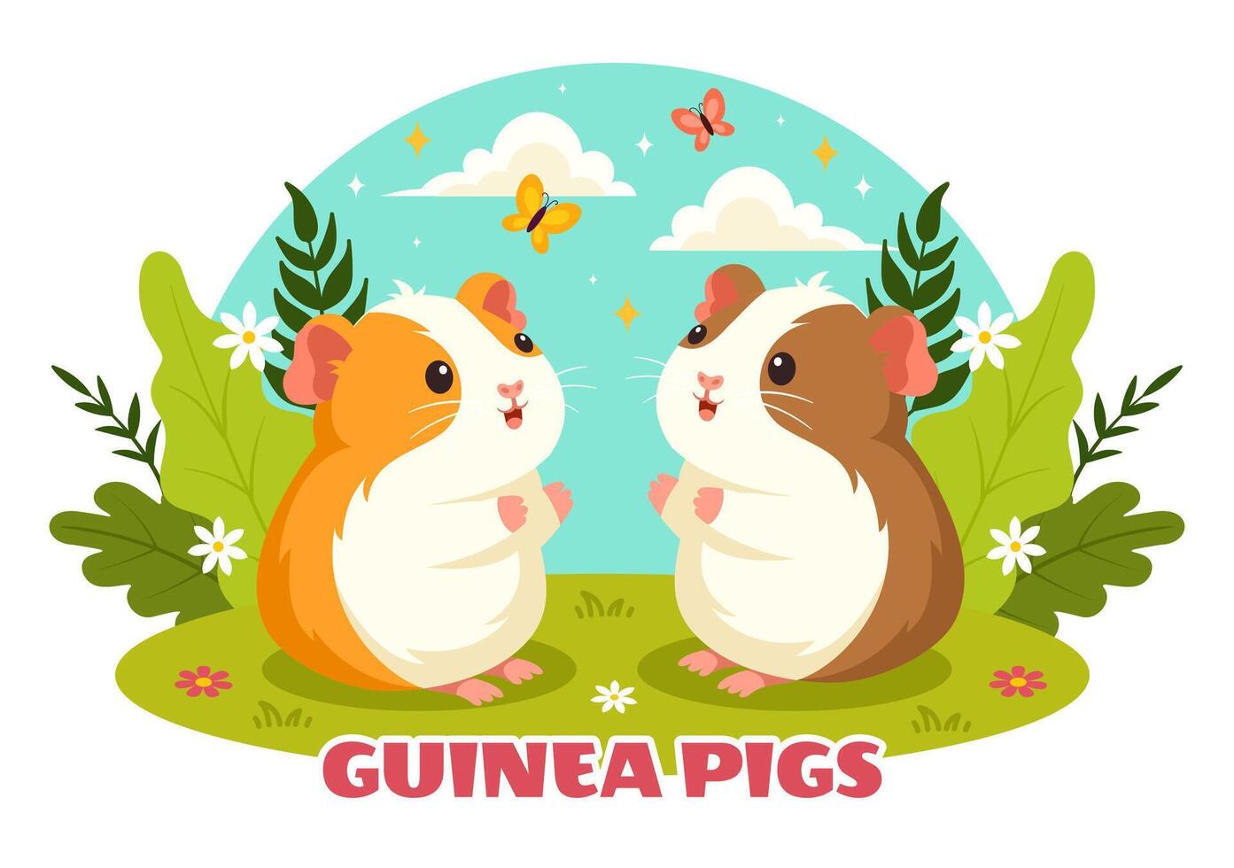 Guinea Pig Illustration Featuring Various Hamster Breeds in Green Fields in a Flat Cute kids Cartoon Style Background Design vector