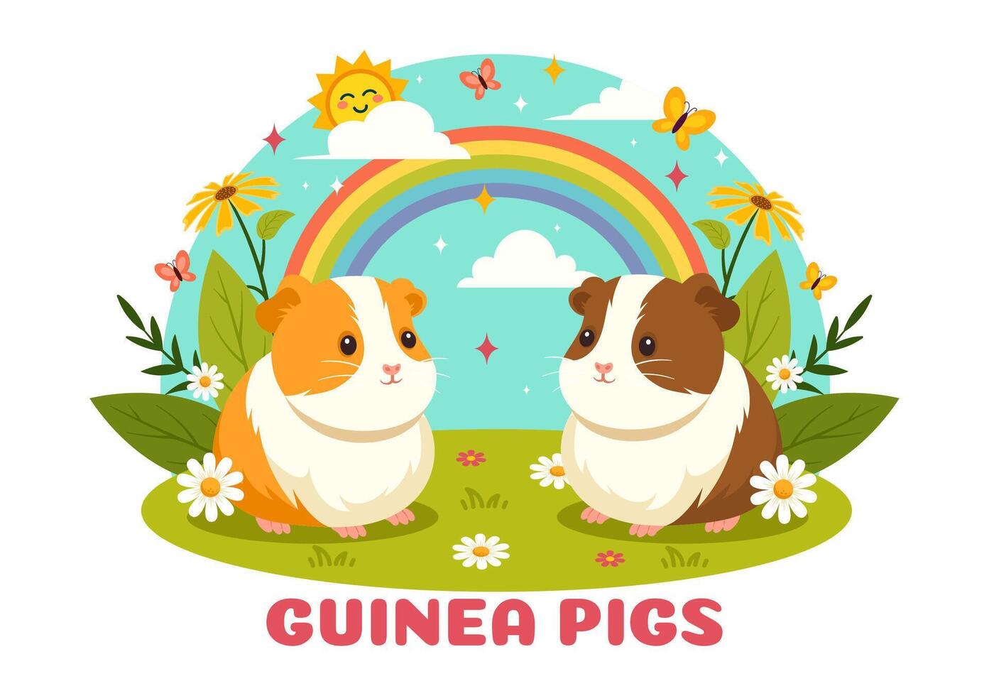 Guinea Pig Illustration Featuring Various Hamster Breeds in Green Fields in a Flat Cute kids Cartoon Style Background Design vector