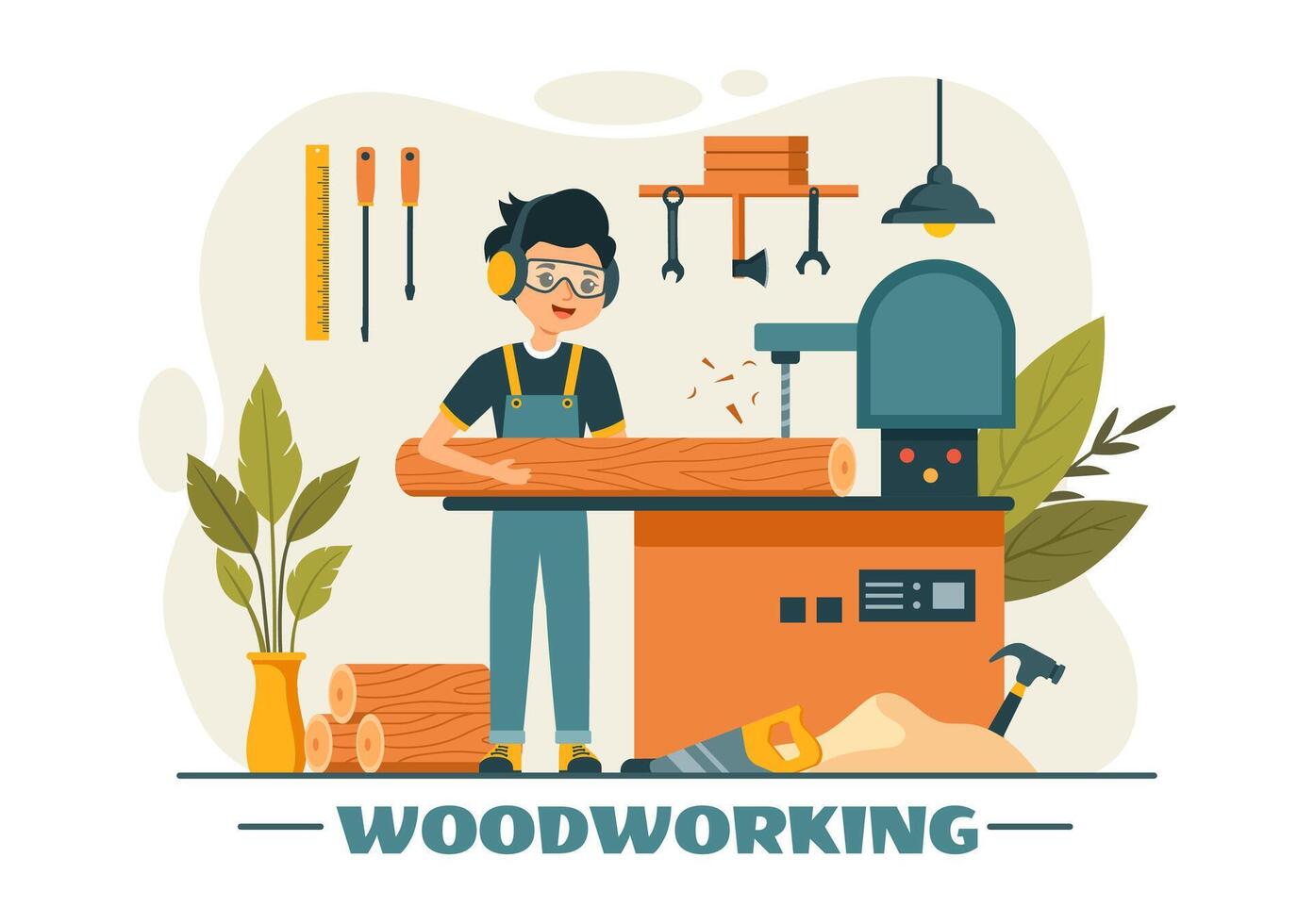 Woodworking Illustration featuring Modern Craftsmen and Workers Producing Furniture Using Tools, Presented in a Flat Cartoon Style Background vector