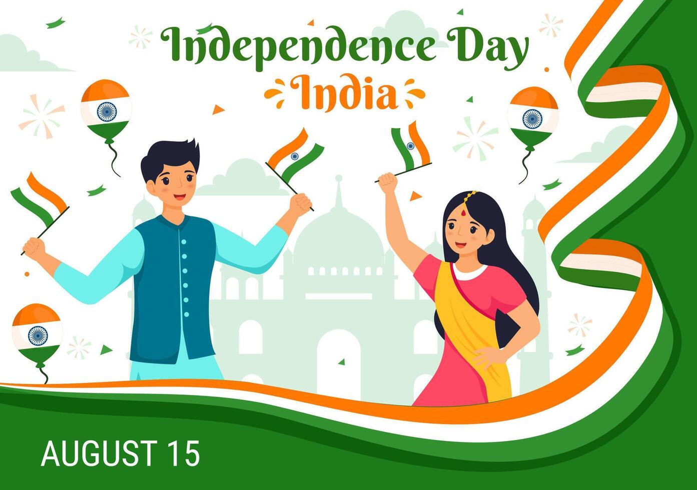 Happy Independence Day India Illustration on 15th August with the Indian Flag in a National Holiday Flat Cartoon Style Background vector