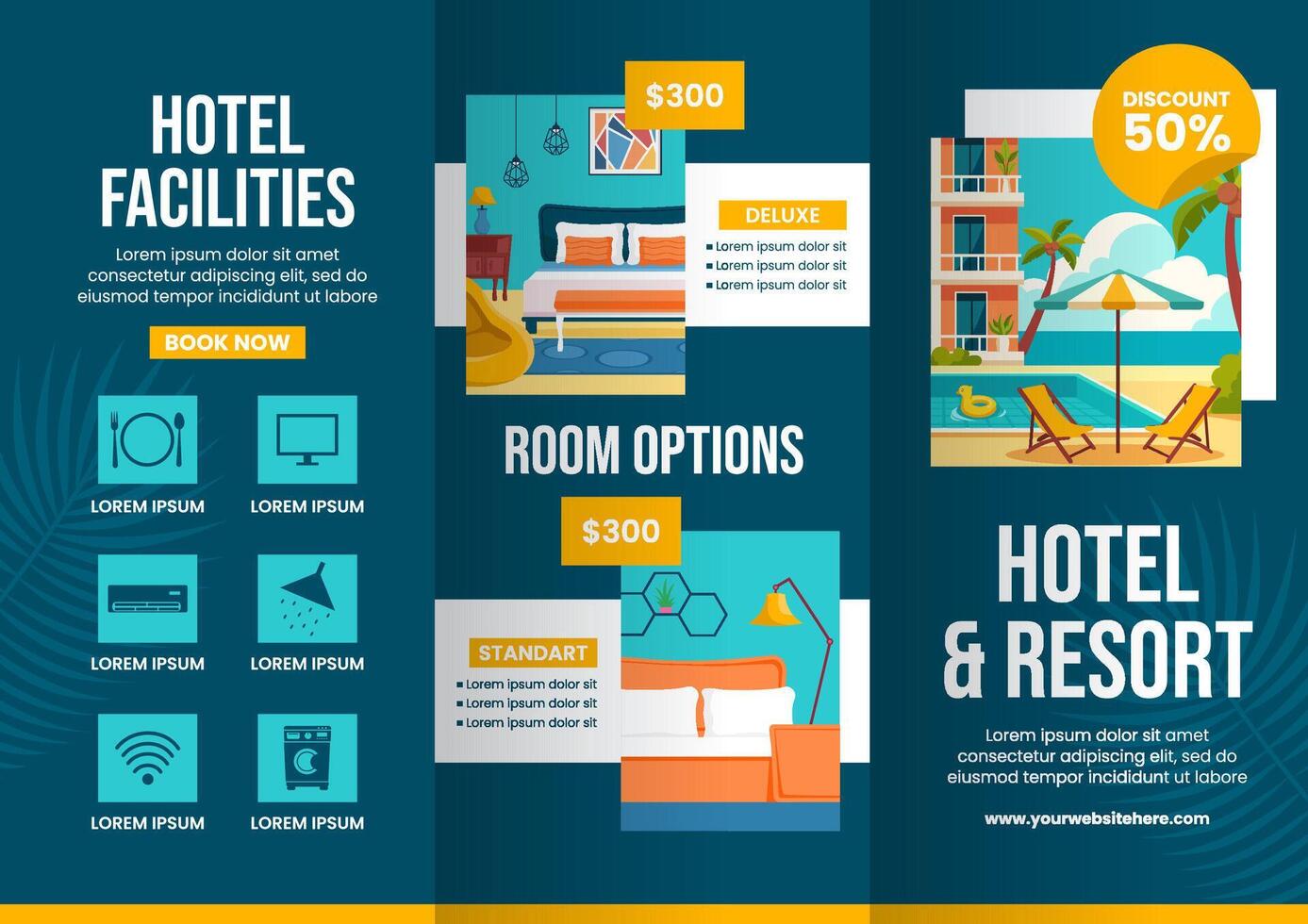 Hotel Brochure Cartoon Hand Drawn Templates Background Illustration vector