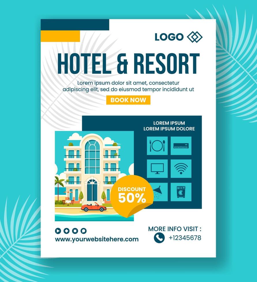 Hotel Vertical Poster Flat Cartoon Hand Drawn Templates Background Illustration vector