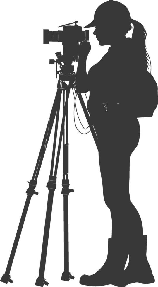 Silhouette Surveyor engineer women with geodetic survey marker black color only vector