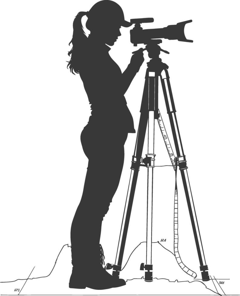 Silhouette Surveyor engineer women with geodetic survey marker black color only vector