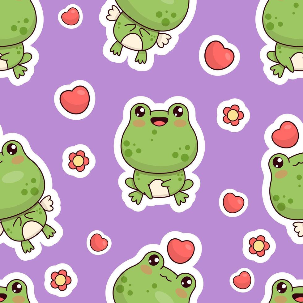 Seamless pattern with little frogs on purple background with hearts. Cute kawaii animal character. vector