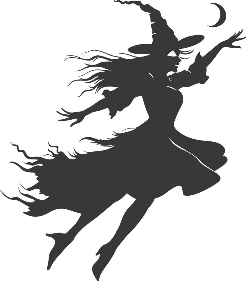 Silhouette witch in action full body black color only vector