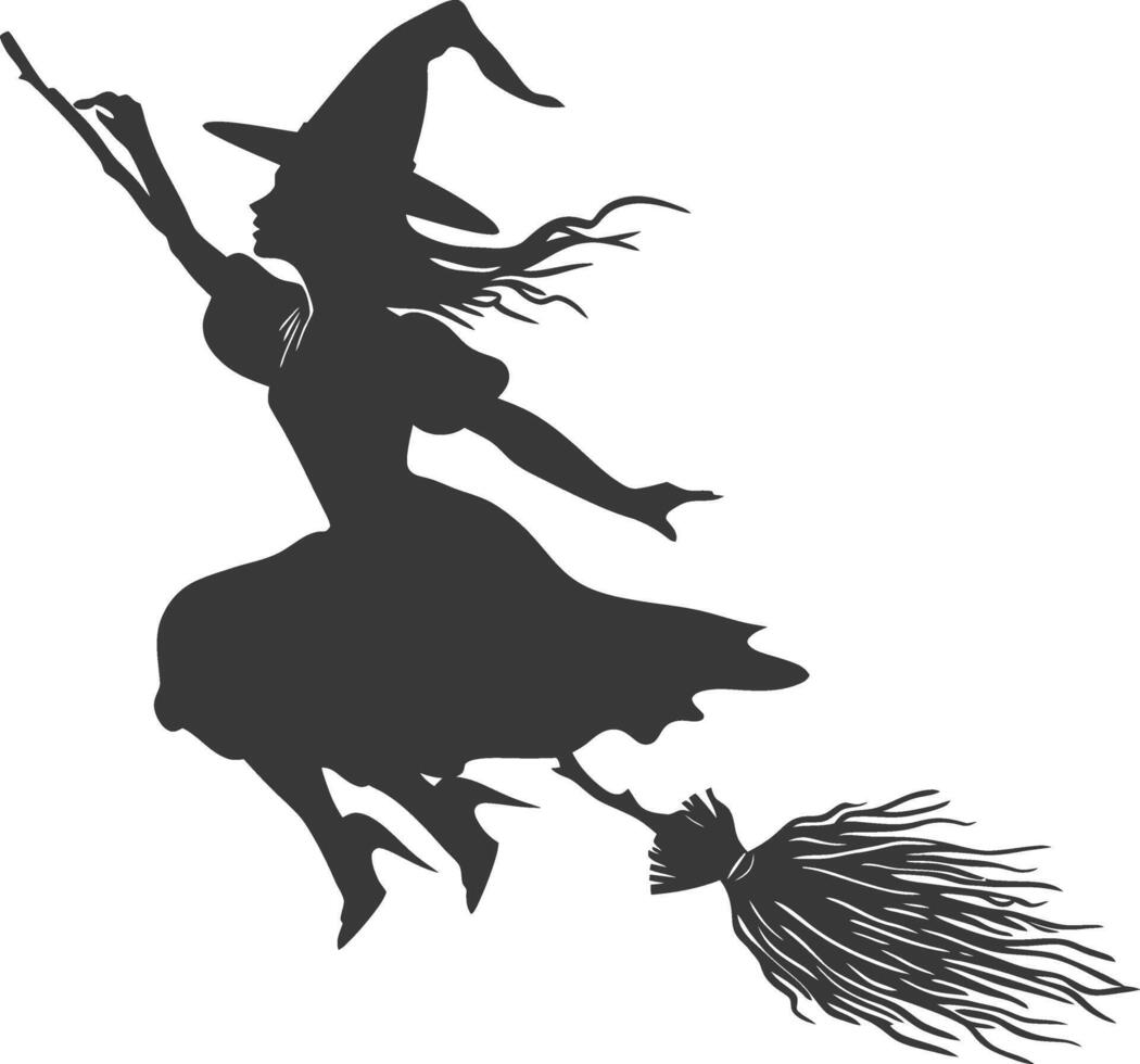 Silhouette witch flies on a magic broomstick black color only vector
