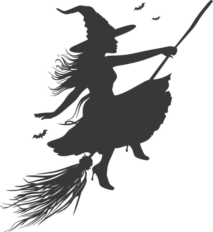 Silhouette witch flies on a magic broomstick black color only vector