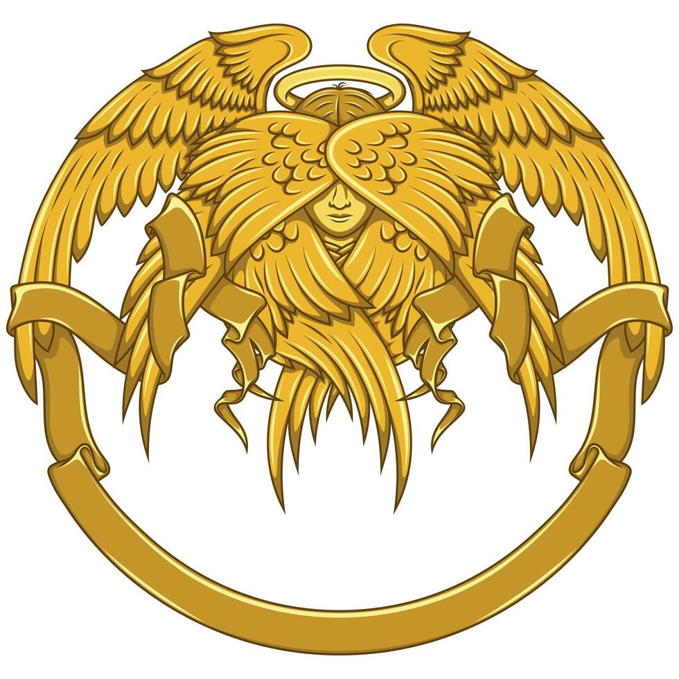 Angel with six wings and surrounded with ribbon vector