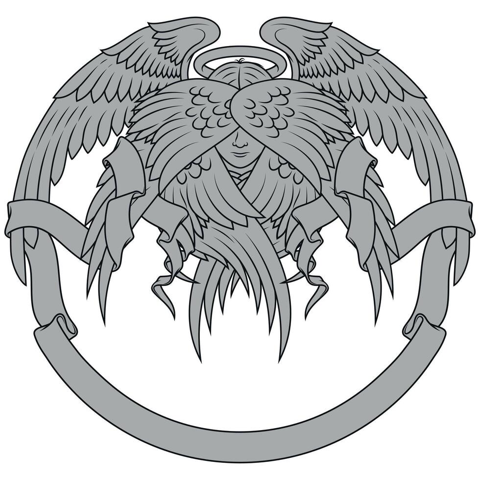 Angel with six wings and surrounded with ribbon vector