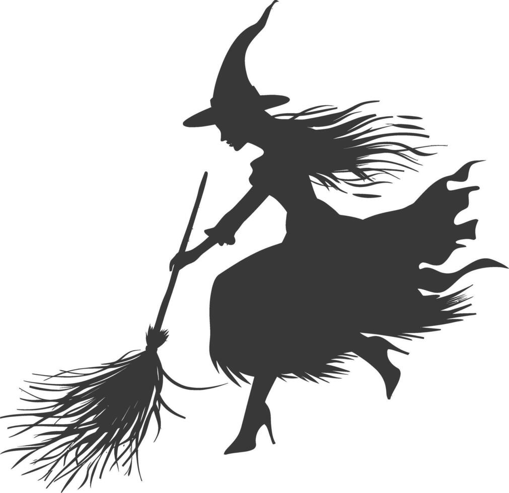 Silhouette witch flies on a magic broomstick black color only vector
