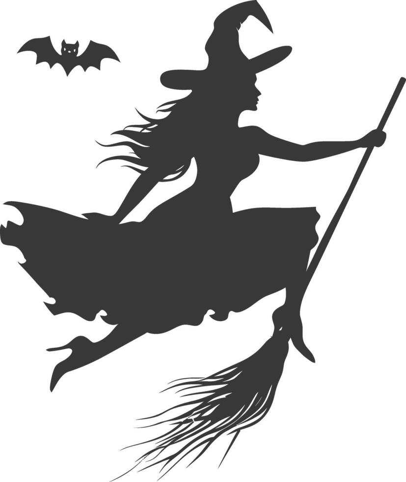 Silhouette witch flies on a magic broomstick black color only vector