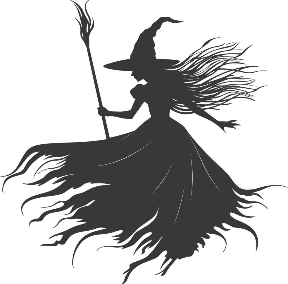 Silhouette witch in action full body black color only vector